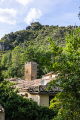 Fototapeta na wymiar Vue sur le village médiéval de Saint-Guilhem-le-Désert dominé par un château en ruine (Occitanie, France)