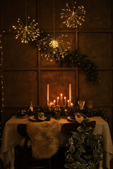 Christmas Table Setting and Holiday Night Decorations.