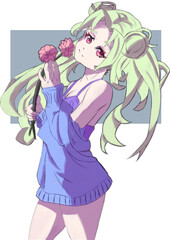 A slender cute girl in the style of manga and anime with green long hair in a sweater holding flowers in her arms is made in color with a background 2d illustration