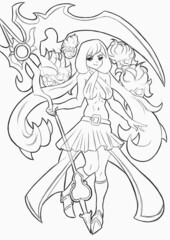 Fototapeta na wymiar Anime manga cute girl-warrior reaper with a huge scythe flying around the skull she is an angel-, the work is done by lines, 2d illustration