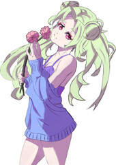 A slender cute girl in the style of manga and anime with green long hair in a sweater holding flowers in her arms is done in 2d color illustration