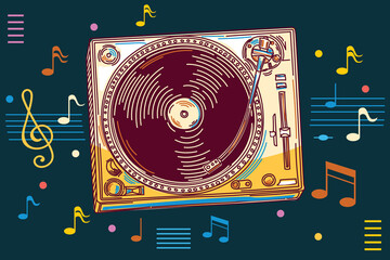 Obraz premium Colorful drawn musical turntable and notes