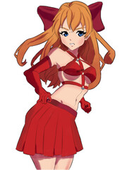 Anime manga cute girl in a red swimsuit in a skirt and gloves she has long red hair on her hair a big bow 2D illustration is made in color