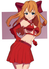 Anime manga cute girl in a red swimsuit in a skirt and gloves she has long red hair on her hair a big bow 2D illustration is made in color with a background