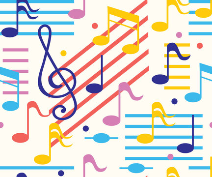 Colorful seamless pattern with musical notes and clef