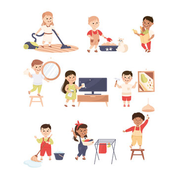 Cute Kids Doing Housework and Housekeeping Vacuum Cleaning and Mopping Floor Vector Set