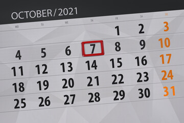Obraz premium Calendar planner for the month october 2021, deadline day, 7, thursday