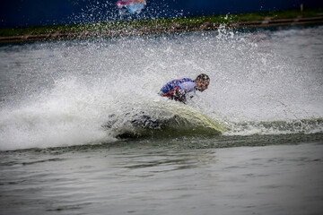 breathtaking stunts on a water bike in open water in Krylatskoye in Moscow at the international...