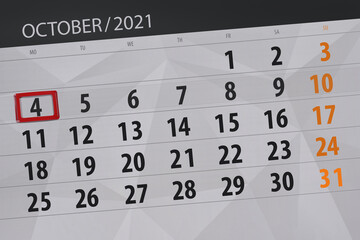 Obraz premium Calendar planner for the month october 2021, deadline day, 4, monday