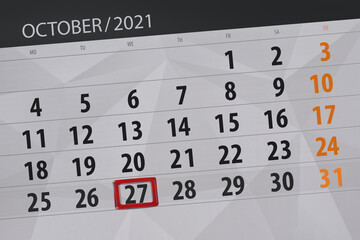 Fototapeta premium Calendar planner for the month october 2021, deadline day, 27, wednesday