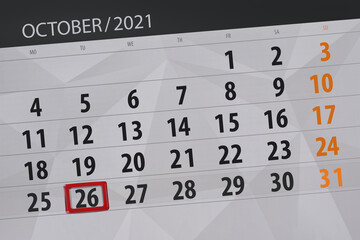 Obraz premium Calendar planner for the month october 2021, deadline day, 26, tuesday
