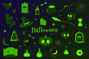 Happy Halloween. Halloween clipart, vector objects, bat, cauldron, bone, book, broom, candles, crescent moon, flying eye, maple leaf, ghost, hat, tombstones, hourglass, magic ball, potion, pumpkin