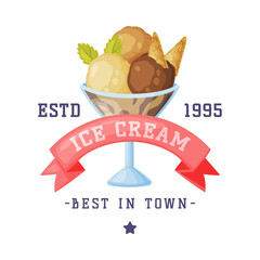 Ice Cream Emblem and Badge with Ribbon and Frozen Dessert Vector Template