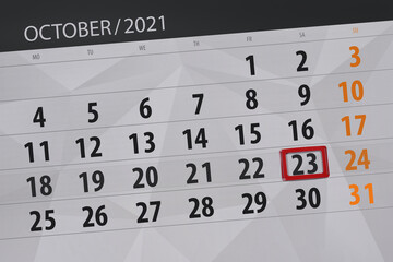 Obraz premium Calendar planner for the month october 2021, deadline day, 22, friday