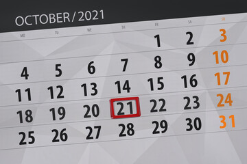 Fototapeta premium Calendar planner for the month october 2021, deadline day, 21, thursday