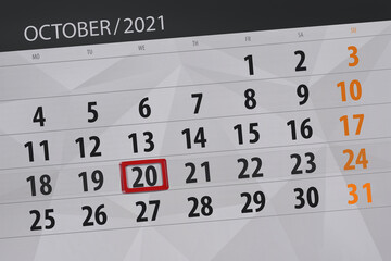 Fototapeta premium Calendar planner for the month october 2021, deadline day, 20, wednesday