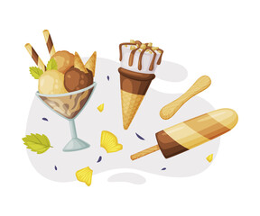 Ice-cream Bowl and Eskimo Served with Chocolate and Nuts as Frozen Dessert and Snack Vector Composition