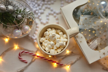 Fototapeta na wymiar Cup of Chocolate with Marshmallows, Christmas Decorations