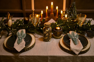 Christmas Table Setting and Holiday Night Decorations.