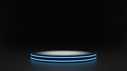 Sci-Fi Futuristic Podium, Futuristic blue Glowing Empty Showcase.Blank product pedestal for product presentation.Future background for design technology Sci-fi interior concept.3d Rendering.