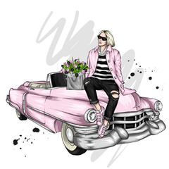 Beautiful girl in stylish clothes and a retro car. Vintage. Fashion and style, clothing and accessories, makeup.