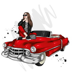 Beautiful girl in stylish clothes and a retro car. Vintage. Fashion and style, clothing and accessories, makeup. - 456558367
