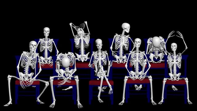 Theatre with 3D skeletons. Emotions of Skeleton in the Theatre. 3D animation of skeletons. 3D video