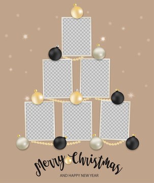 Christmas Photo frames composition. vertical template with shiny balls and beads. Mockup on beige background. Vector 3d realistic. Holiday collage. EPS10.