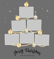 Christmas Photo frames Mockup.  Empty template with shiny balls and beads. vertical composition on gray background. Vector 3d realistic. Holiday collage. EPS10.