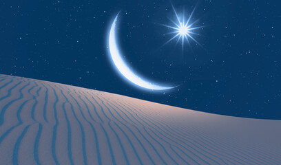 Fototapeta premium Crescent Moon with Venus at sunset sand dune of desert in the foreground