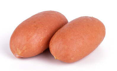 Group of raw sausages isolated on white background close up