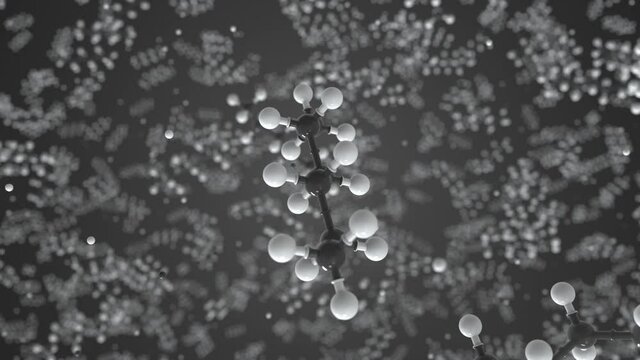Hexane molecule made with balls, conceptual molecular model. Chemical looping 3d animation