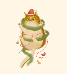 Illustration of a funny Christmas cat. The kitty is entangled in tinsel. A mischievous cat plays with Christmas decorations. Funny postcard. Print for clothes.