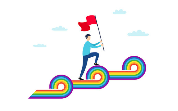 Man Climbs LGBT rainbow waves. Man with flag. Lesbian, gay, bisexual and transgender symbol. Stop homophobia, pride day and LGBT rights rainbow waves banner. Love equity and diversity culture. Vector