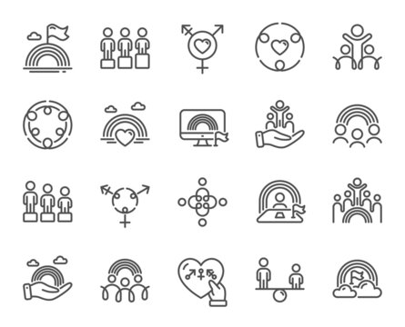 Equality, Equity and Diversity line icons. LGBT rights, Equal opportunities and respective needs icons. Inclusion, culture equity and LGBT pride flag. Diverse people equality, Gender symbol. Vector