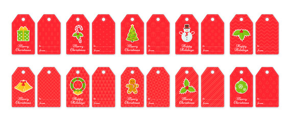 Christmas gift tags. Cards for gift boxes and presents. Xmas and New Year decorative elements on red print. Set of holiday paper labels. Vector illustration. Flat design.