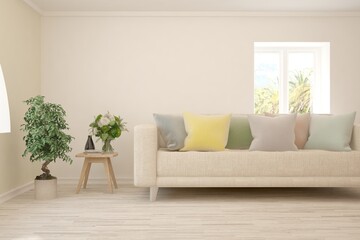 White living room with sofa. Scandinavian interior design. 3D illustration