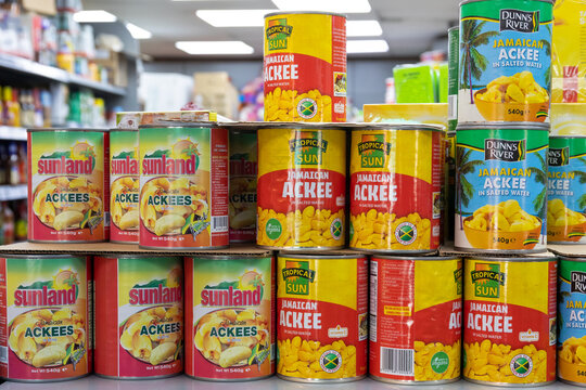 London, England - September 11 2021: Variety of tinned ackee on sale in a shop in London
