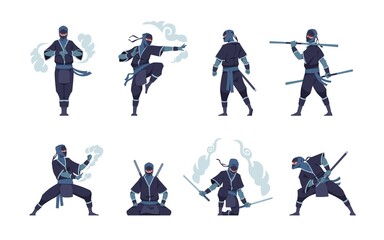 Ninja character. Fighting Japanese warrior with ancient weapon. Shinobi mascot standing in fight pose or meditating. Man training attack with air tails. Vector assassins positions set © SpicyTruffel