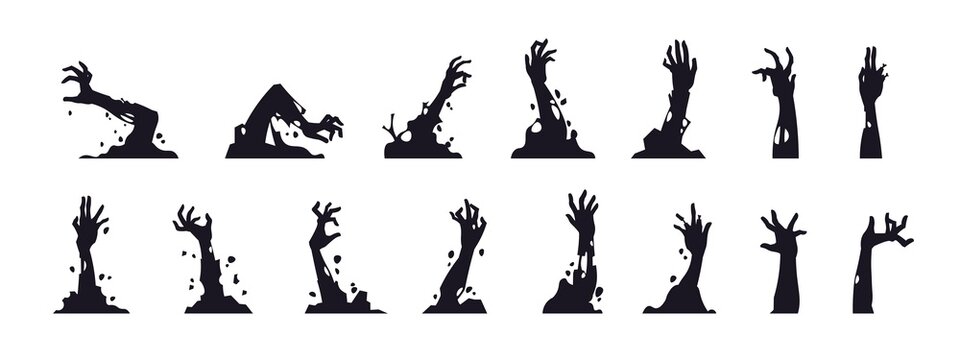 Zombie hand silhouettes. Black creepy monster arms from graves for Halloween posters. Cartoon cadavers rotting limbs set. Undead apocalypse elements. Vector October holiday decoration