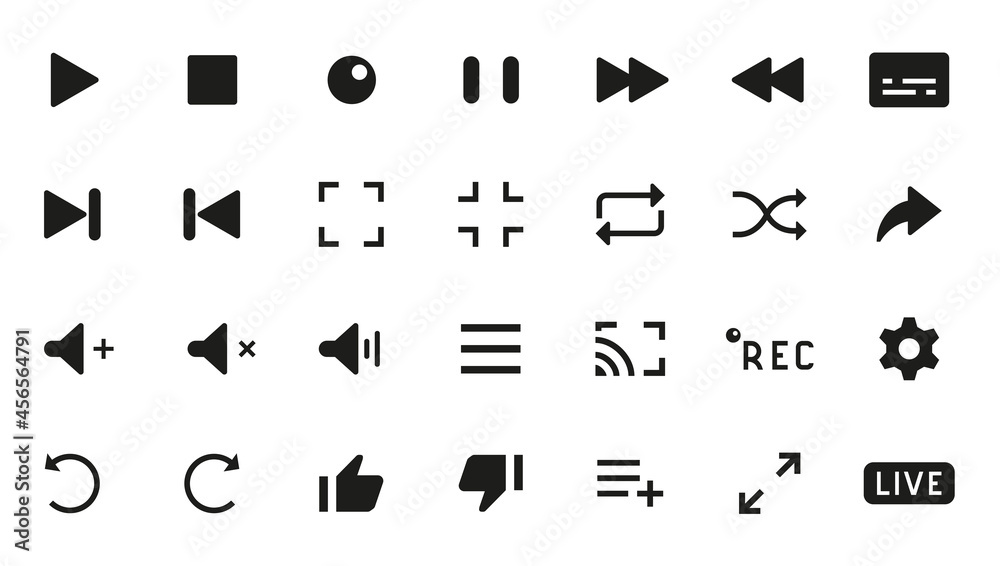Aufkleber player buttons. black silhouette interface icons. play and pause, rewind back or forward signs. star