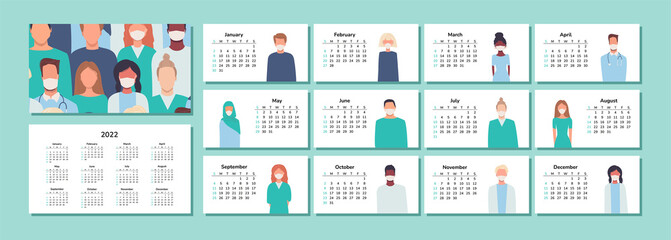 Horizontal calendar 2022. Doctors and nurses. Happy New Year. Desk table pocket calendar with medical staff in masks. Cover and 12 months pages. Set of isolated illustrations. Working in hospital.