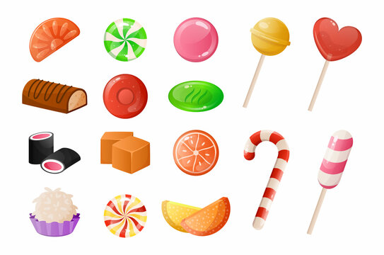 Cartoon candies. Sweet caramel desserts. Lollipop and gummy jelly. Toffee and chocolate sweets of round or square shapes. Isolated hard and chewy bonbons. Vector confectioneries set
