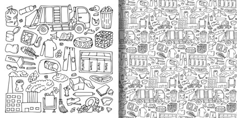Garbage doodle objects set and seamless pattern