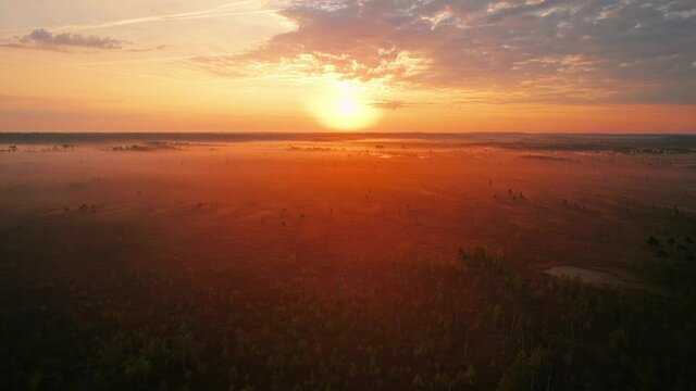 Drone fly to the sun on a beautiful foggy morning. Aerial view of endless forests and lakes. Beautiful orange sky and sun. Wonderful sunrise in the Latvian nature reserve filmed with a drone. Europe.