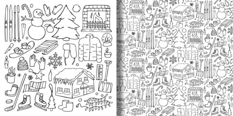 Winter doodle set and seamless pattern