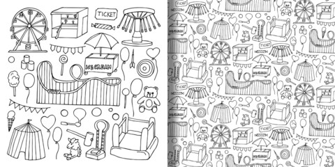 Attraction doodle objects set and seamless pattern