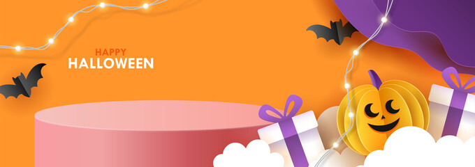 Halloween holiday banner design with product display podium and paper art pumpkin background.