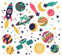 Obraz na płótnie Canvas Cute space galaxy elements. Doodle spaceship, planets, comet and stars cartoon vector illustration set. Hand drawn space objects