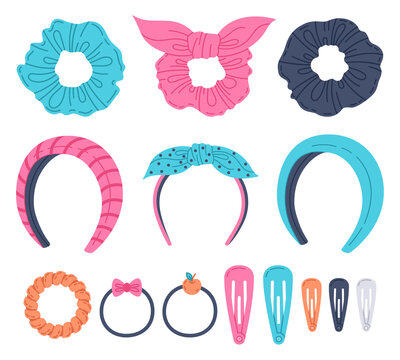 Doodle girls hair accessories. Cartoon woman hair tie, headbands, elastic bands, hair hoops and scrunchies. Hair accessory vector illustration symbols set